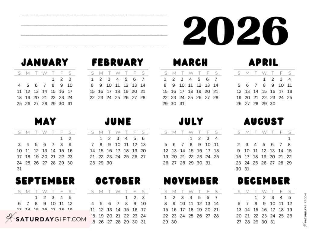 Black-and-White 2026 Annual Calendar Printable Landscape | SaturdayGift