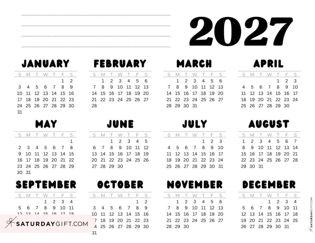 Black-and-White 2027 Annual Calendar Printable Landscape