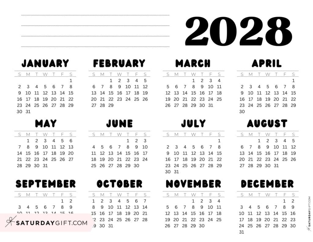 Black-and-White 2028 Annual Calendar Printable Landscape
