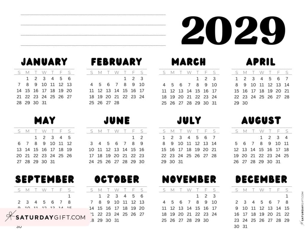 Black-and-White 2029 Annual Calendar Printable Landscape