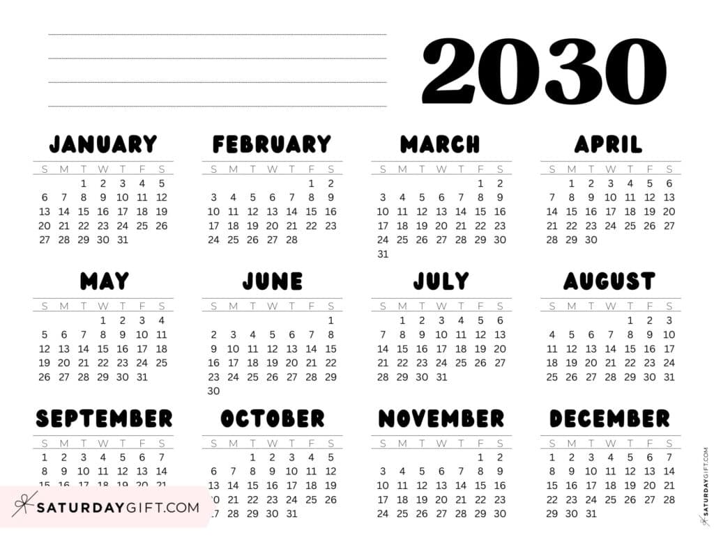 Black-and-White 2030 Annual Calendar Printable Landscape