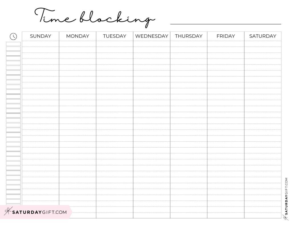 Blank Time Blocking Planner Sheet with Hourly Schedule Sunday-Saturday | SaturdayGift