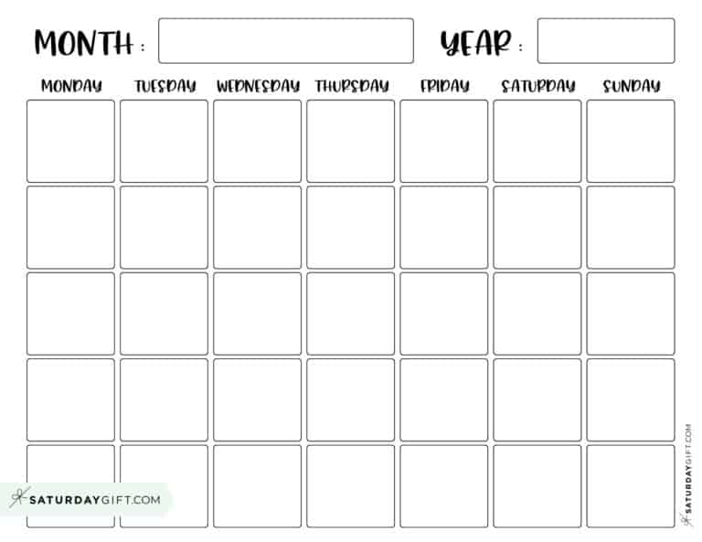 Blank Calendar templates - 29 Cute & Free Printables | SaturdayGift