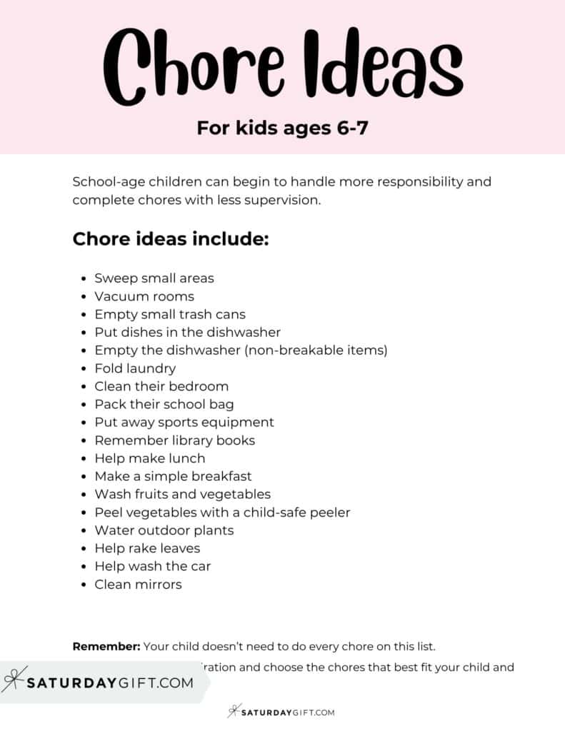 Chore Ideas for kids ages 6-7 - Printable List | SaturdayGift