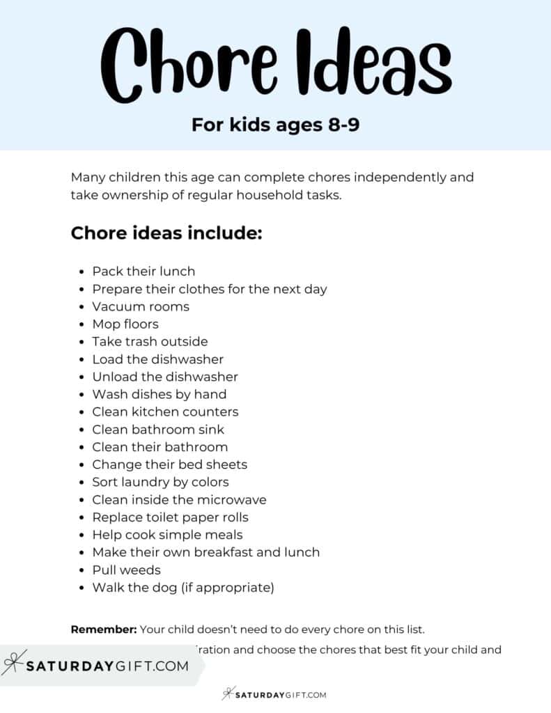 Chore Ideas for kids ages 8-9 - Printable List | SaturdayGift