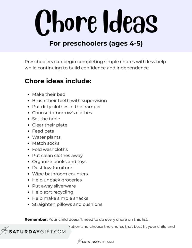 Chore Ideas for preschoolers (ages 4-5) - Printable List | SaturdayGift