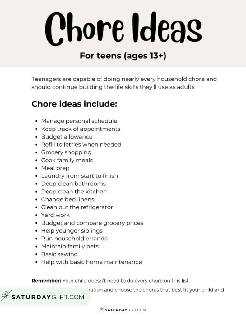 Chore Ideas for teens (ages 13+) - Printable List | SaturdayGift