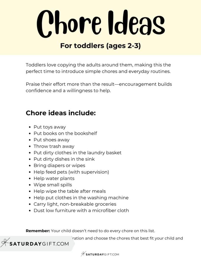 Chore Ideas for toddlers (ages 2-3) - Printable List | SaturdayGift