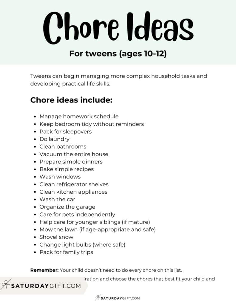 Chore Ideas for tweens (ages 10-12) - Printable List | SaturdayGift