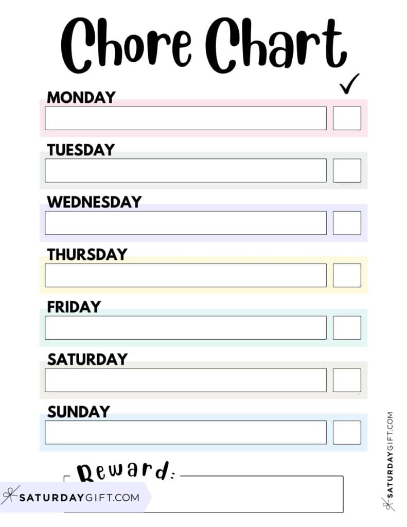 Colorful Printable Chore Chart Template - Portrait PDF | SaturdayGift