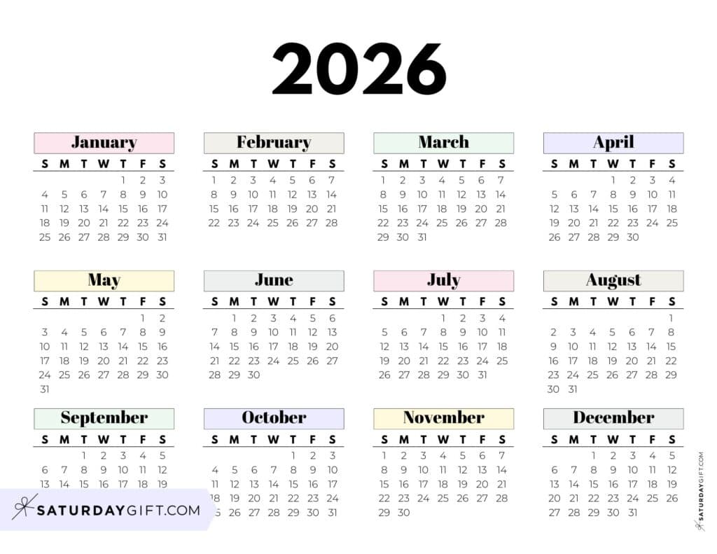 Cute Pastel 2026 Year on One Page Calendar Horizontal Sunday-start | SaturdayGift