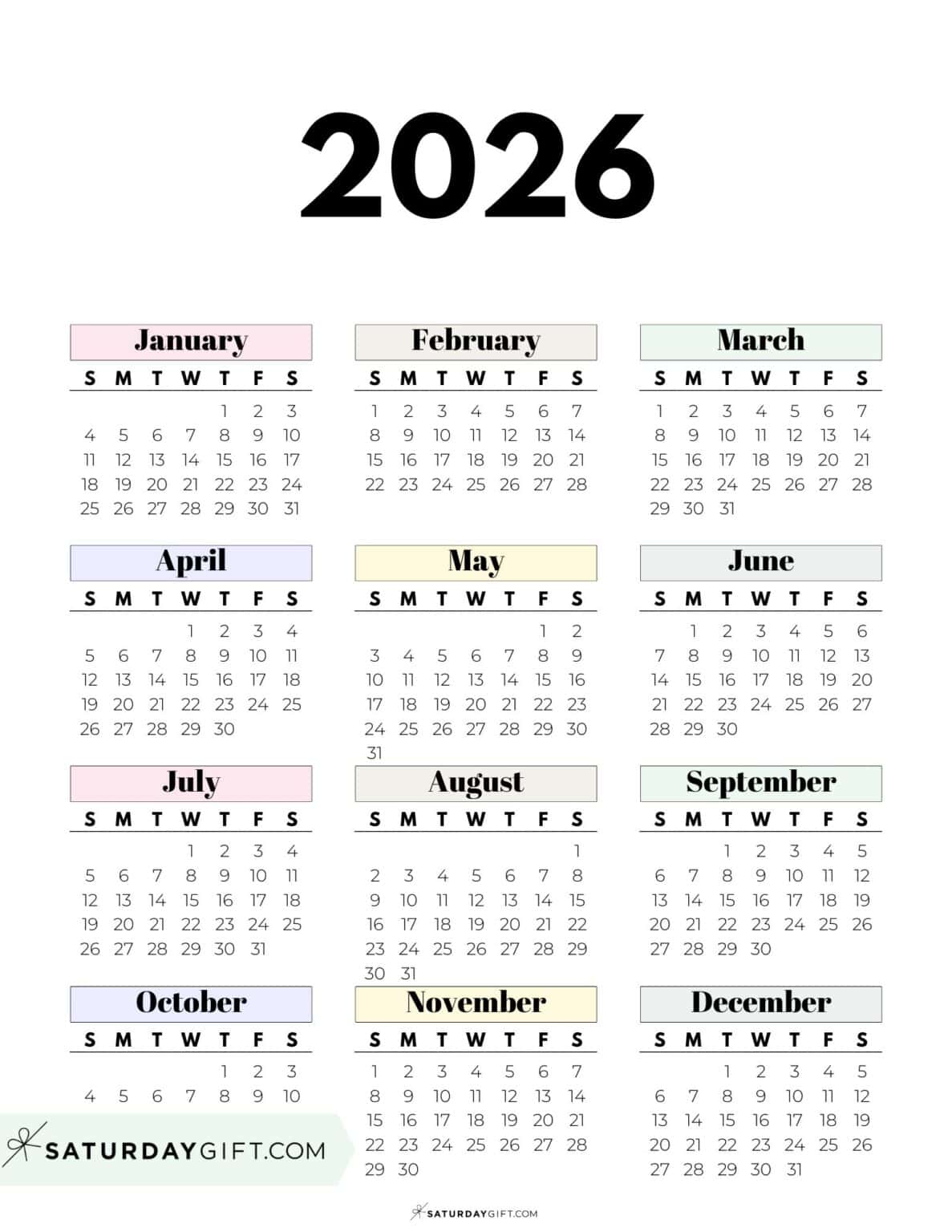 2026 Yearly Calendars 35 Free Printables
