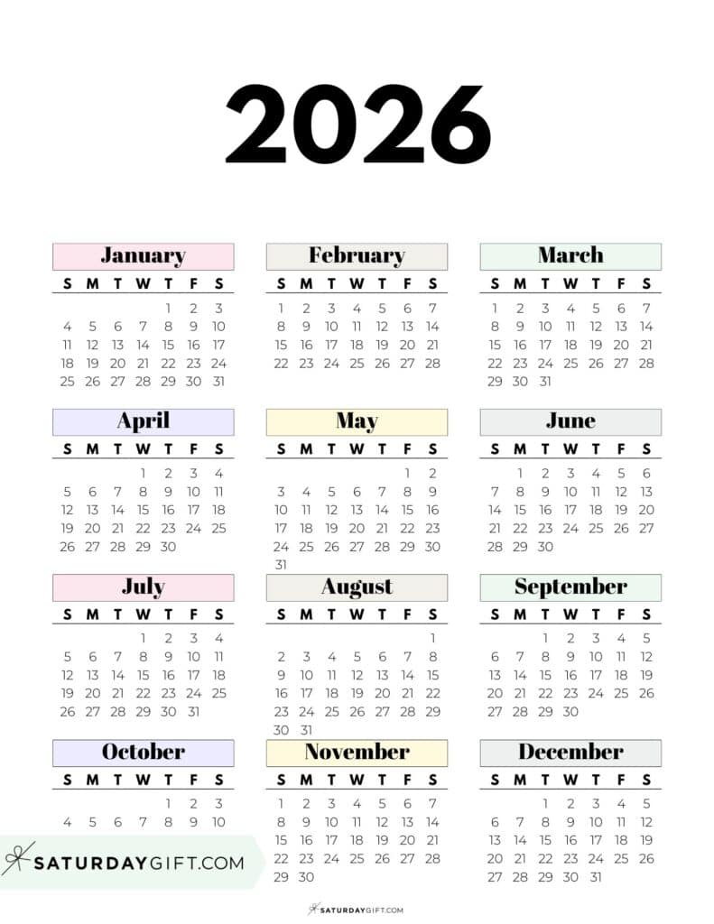 Cute Pastel 2026 Year on One Page Calendar Vertical Sunday-start | SaturdayGift