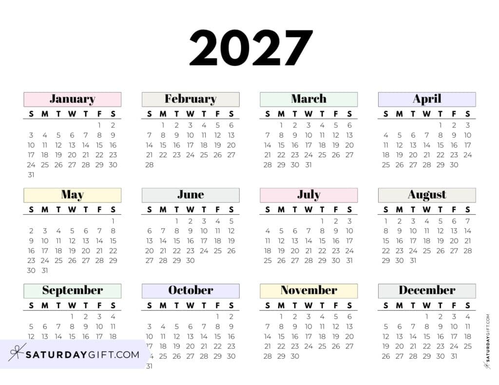 Cute Pastel 2027 Year on One Page Calendar Horizontal Sunday-start