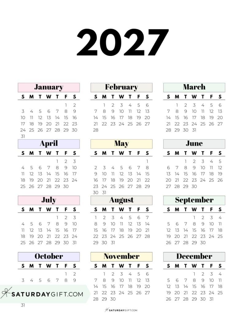 Cute Pastel 2027 Year on One Page Calendar Vertical Sunday-start