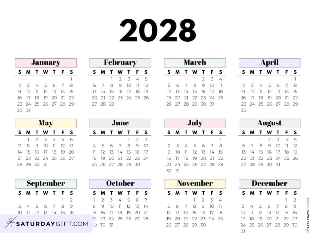 Cute Pastel 2028 Year on One Page Calendar Horizontal Sunday-start