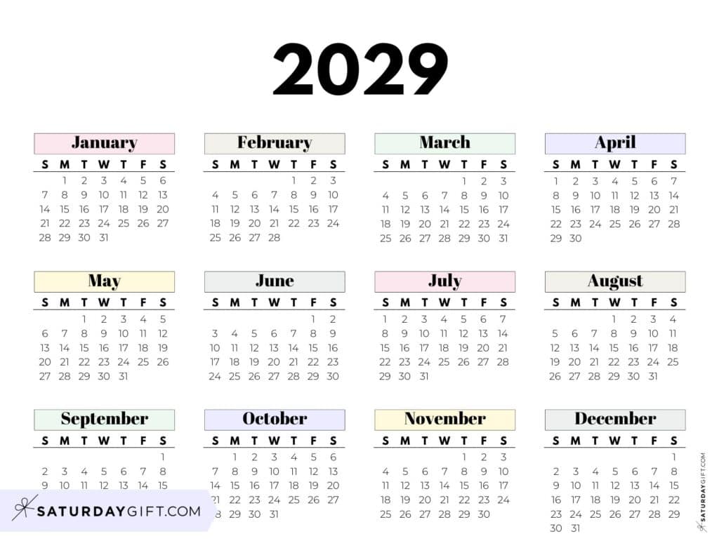 Cute Pastel 2029 Year on One Page Calendar Horizontal Sunday-start