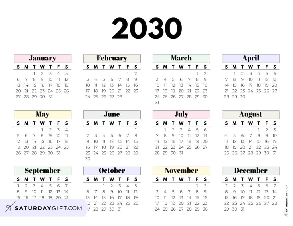 Cute Pastel 2030 Year on One Page Calendar Horizontal Sunday-start