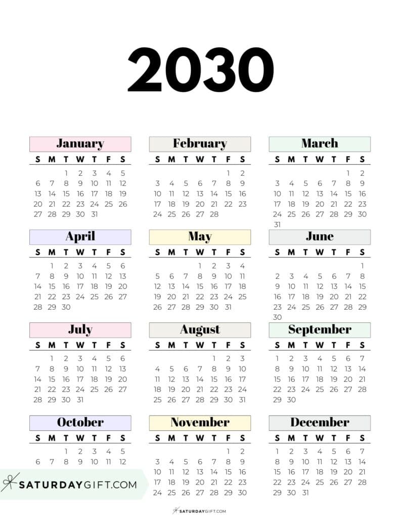 Cute Pastel 2030 Year on One Page Calendar Vertical Sunday-start