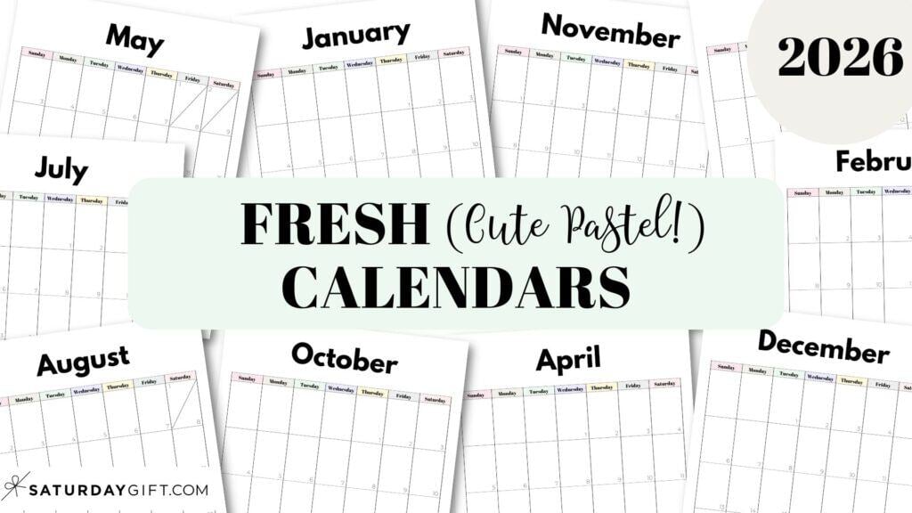 Fresh & Cute Pastel Monthly Calendar 2026 - Free Printables by SaturdayGift