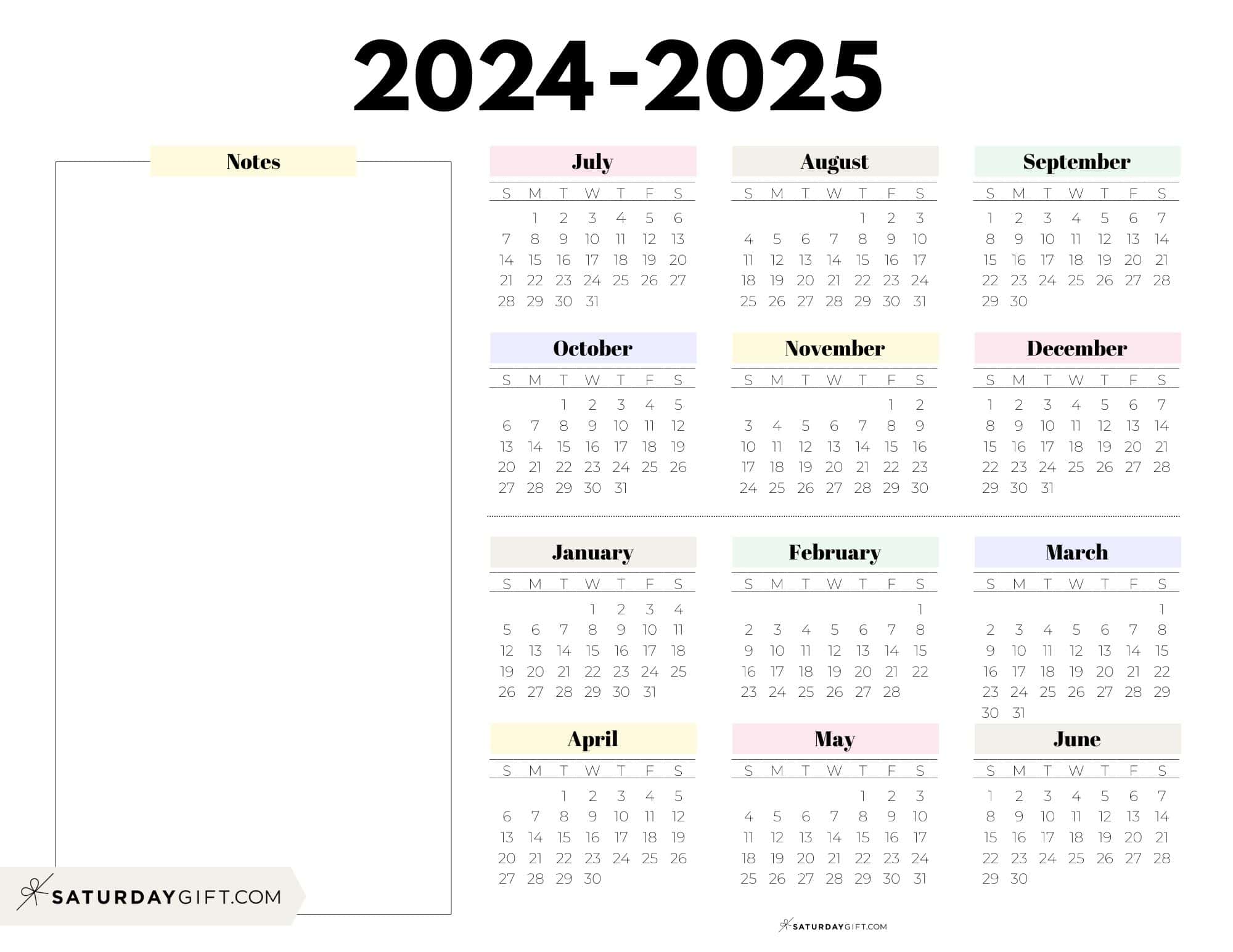 School Calendar Template 17 Cute - Cute Printable Academic Calendar With Notes Section Pastel Colors Landscape SaturdayGift