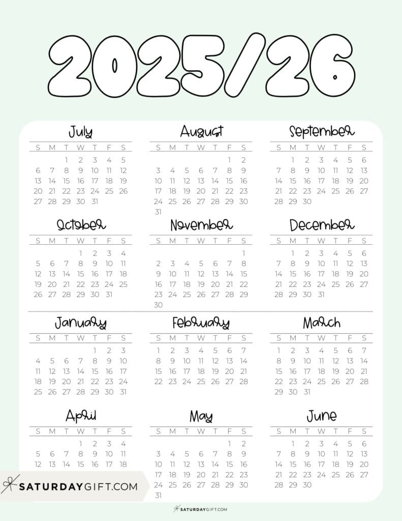 Cute Printable Academic Year Calendar Template 2025-26 Green | SaturdayGift