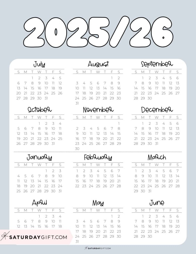 Cute Printable Academic Year Calendar Template 2025-26 Grey | SaturdayGift