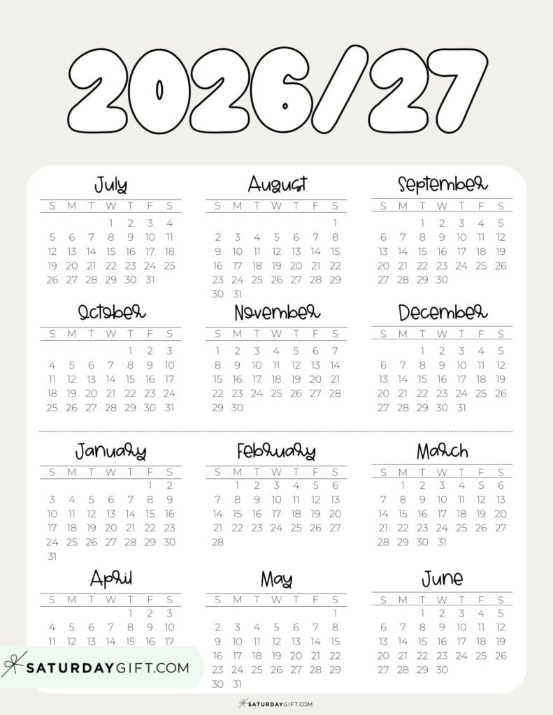 Cute Printable Academic Year Calendar Template 2026-27 Beige | SaturdayGift