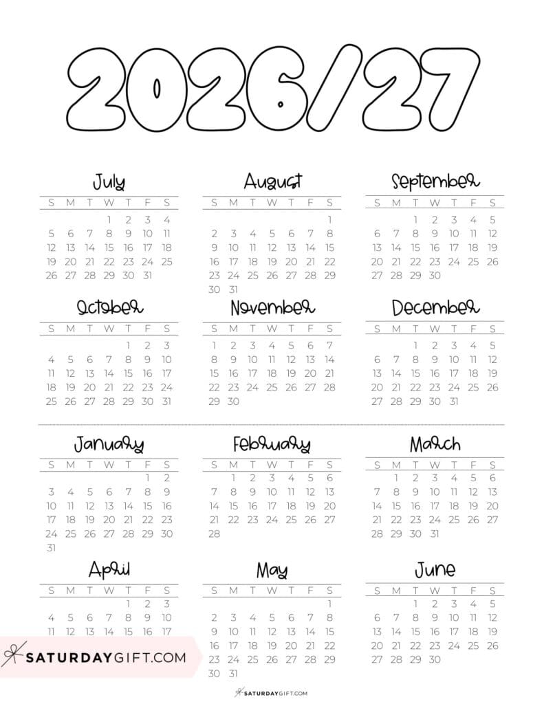 Cute Printable Academic Year Calendar Template 2026-27 Black & White | SaturdayGift