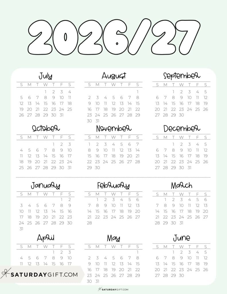 Cute Printable Academic Year Calendar Template 2026-27 Green | SaturdayGift
