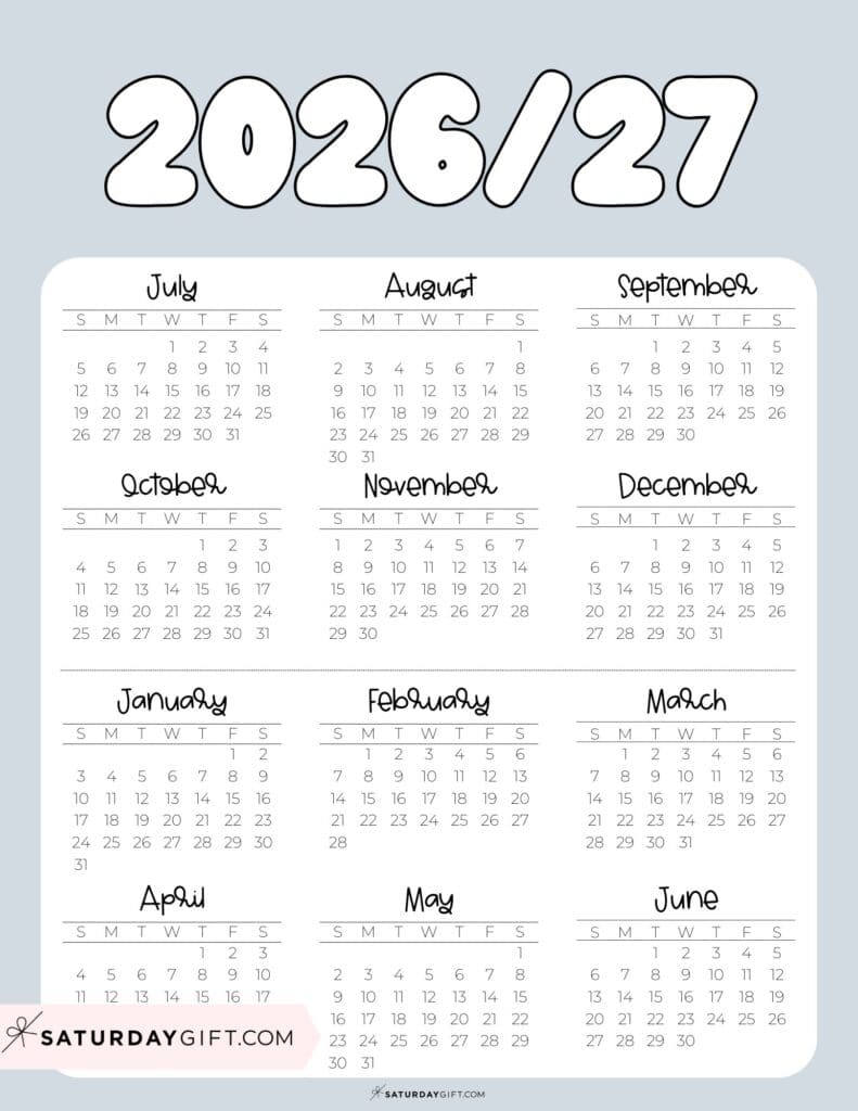 Cute Printable Academic Year Calendar Template 2026-27 Grey | SaturdayGift