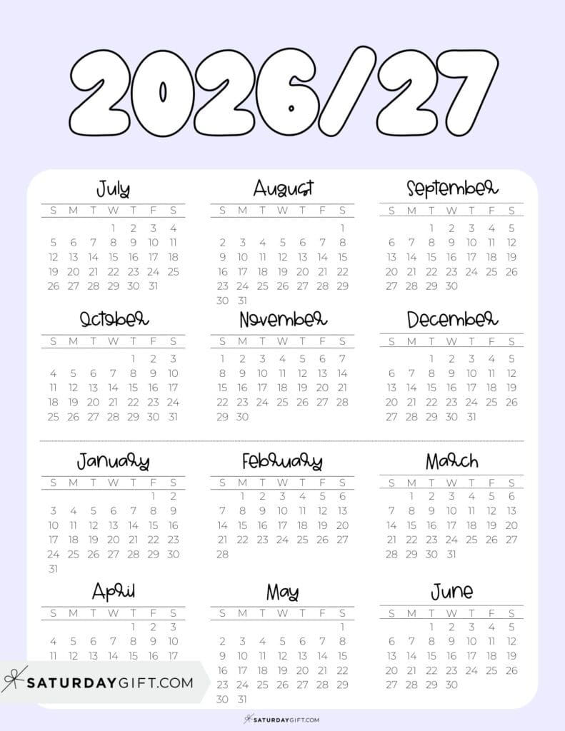 Cute Printable Academic Year Calendar Template 2026-27 Lilac | SaturdayGift