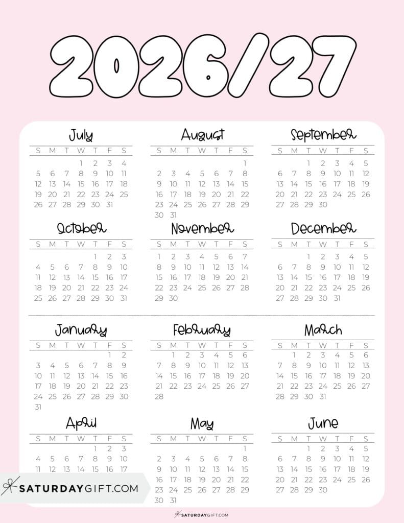 Cute Printable Academic Year Calendar Template 2026-27 Pink | SaturdayGift