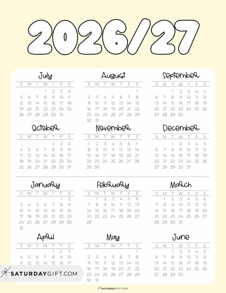 Cute Printable Academic Year Calendar Template 2026-27 Yellow | SaturdayGift