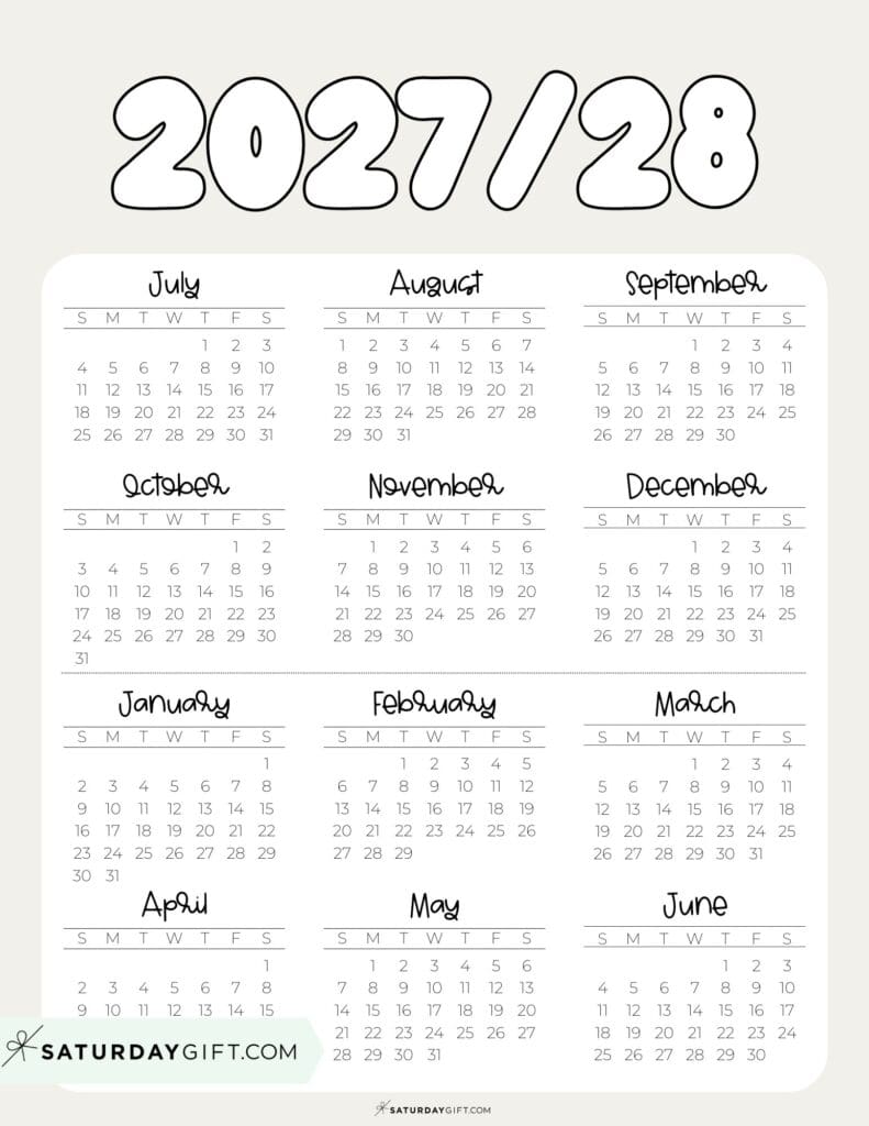 Cute Printable Academic Year Calendar Template 2027-28 Beige | SaturdayGift