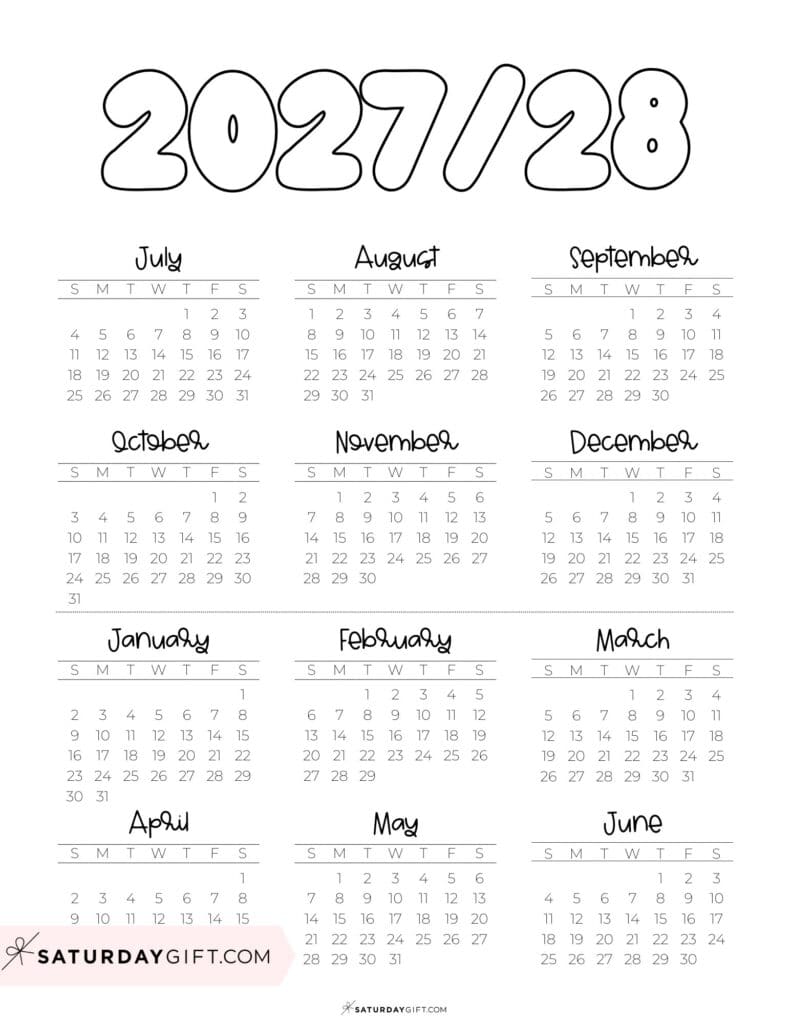 Cute Printable Academic Year Calendar Template 2027-28 Black & White | SaturdayGift