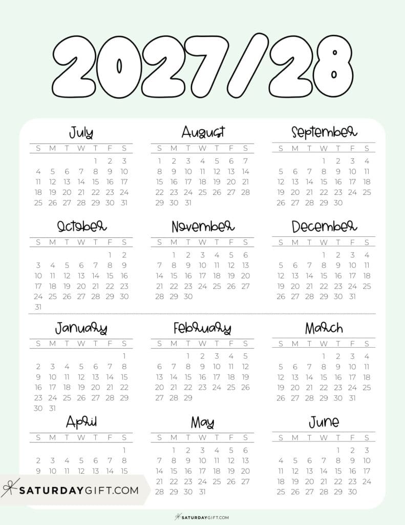 Cute Printable Academic Year Calendar Template 2027-28 Green | SaturdayGift