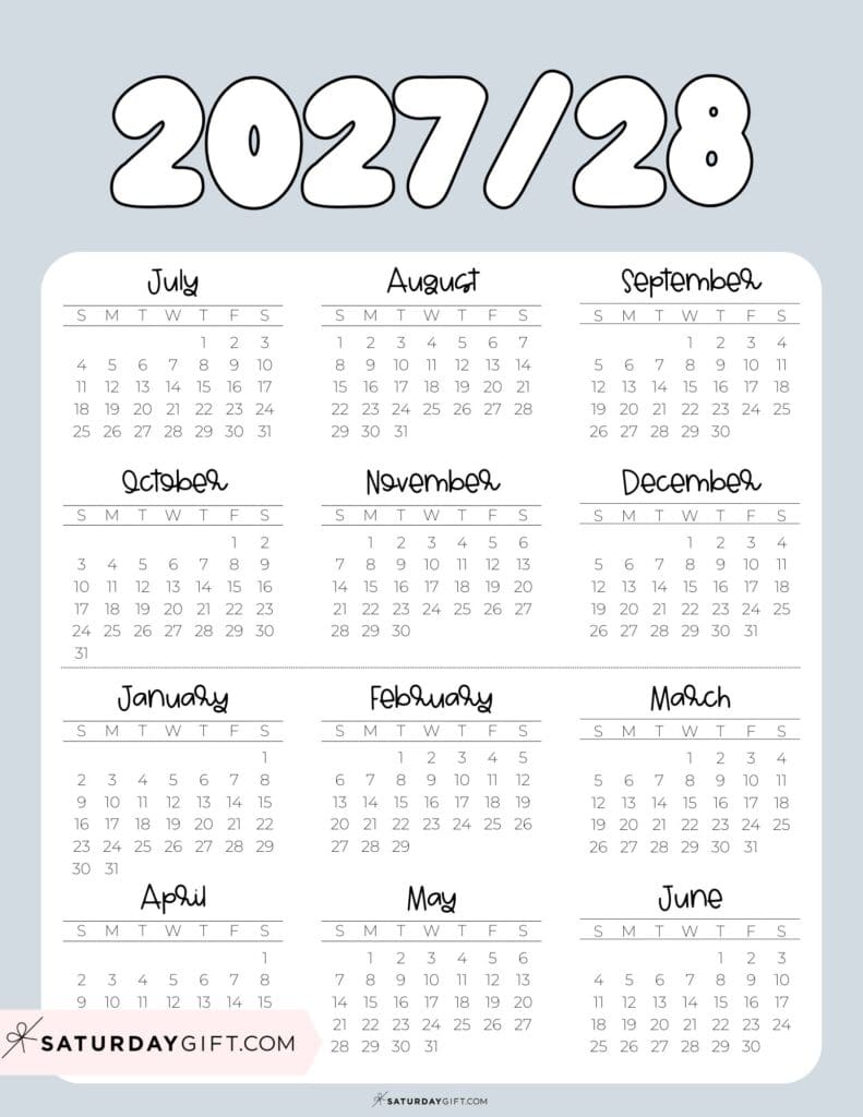 Cute Printable Academic Year Calendar Template 2027-28 Grey | SaturdayGift