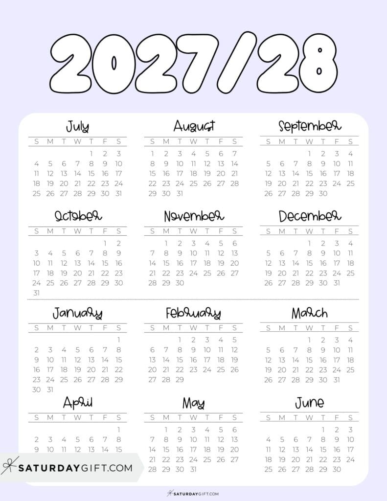 Cute Printable Academic Year Calendar Template 2027-28 Lilac | SaturdayGift