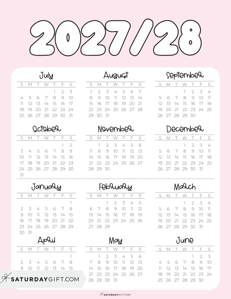 Cute Printable Academic Year Calendar Template 2027-28 Pink | SaturdayGift