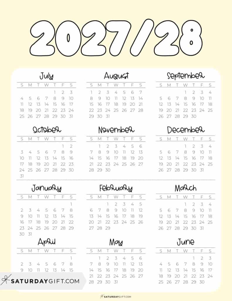 Cute Printable Academic Year Calendar Template 2027-28 Yellow | SaturdayGift