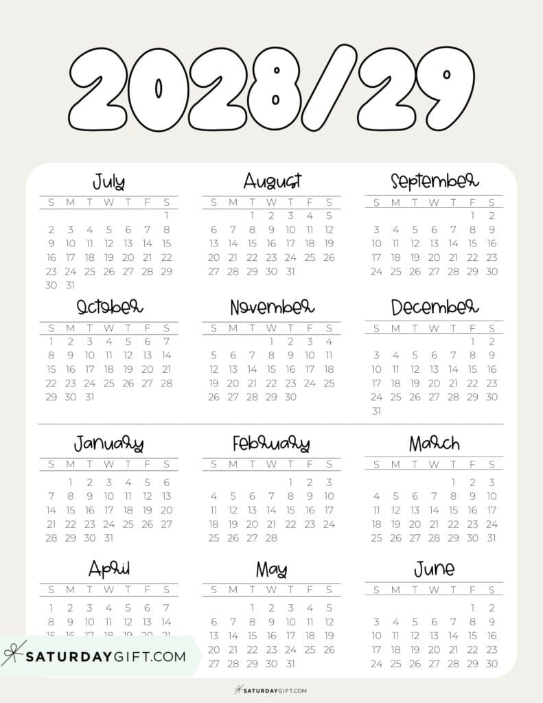 Cute Printable Academic Year Calendar Template 2028-29 Beige | SaturdayGift