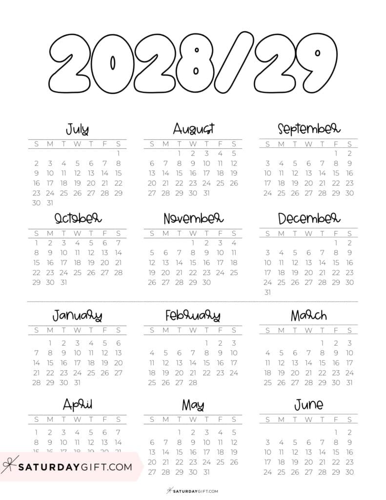 Cute Printable Academic Year Calendar Template 2028-29 Black & White | SaturdayGift