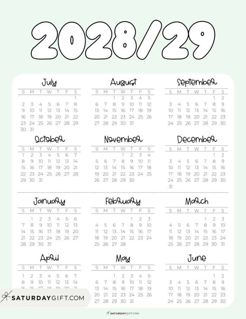 Cute Printable Academic Year Calendar Template 2028-29 Green | SaturdayGift