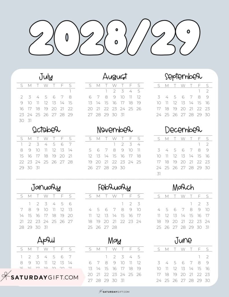 Cute Printable Academic Year Calendar Template 2028-29 Grey | SaturdayGift