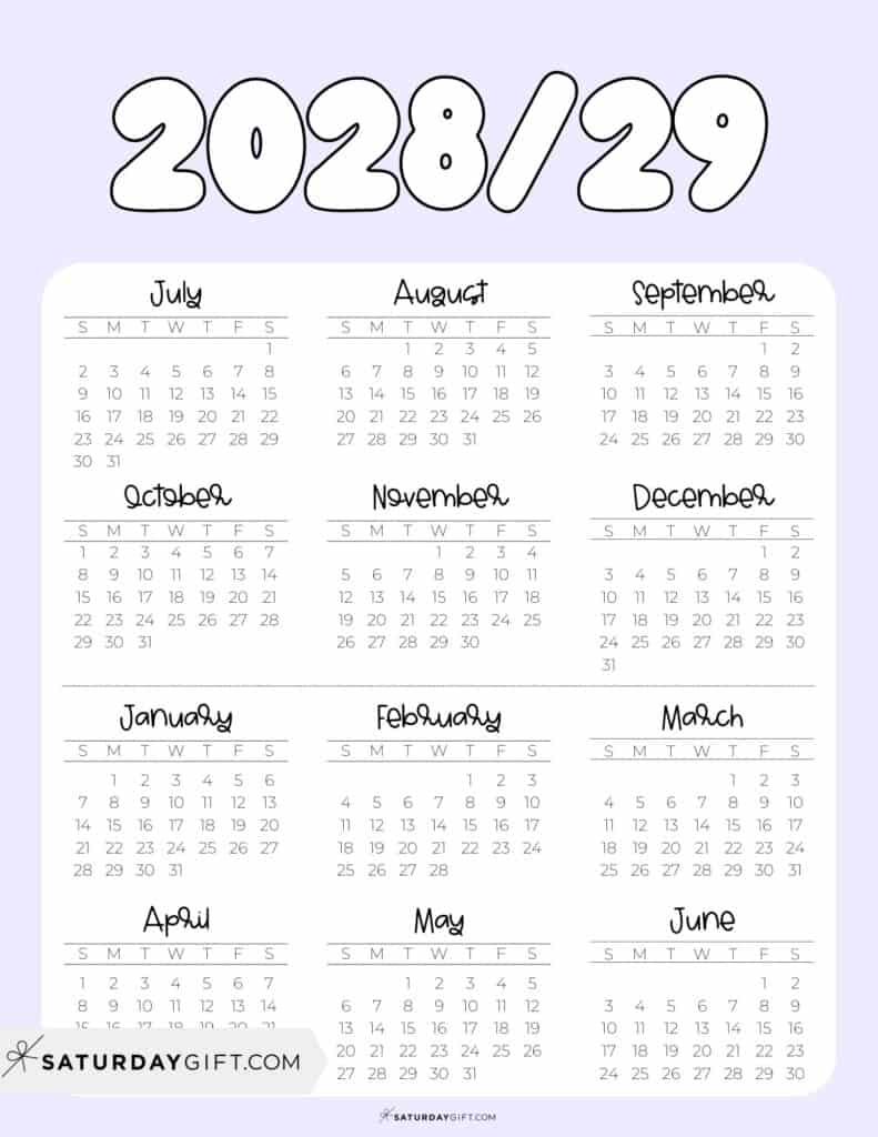 Cute Printable Academic Year Calendar Template 2028-29 Lilac | SaturdayGift