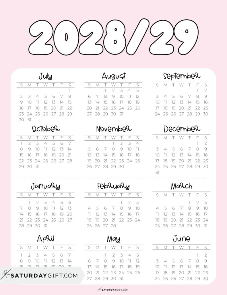 Cute Printable Academic Year Calendar Template 2028-29 Pink | SaturdayGift
