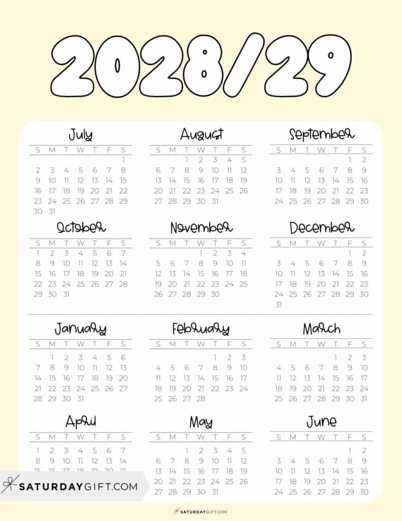 Cute Printable Academic Year Calendar Template 2028-29 Yellow | SaturdayGift