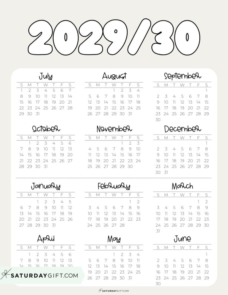 Cute Printable Academic Year Calendar Template 2029-30 Beige | SaturdayGift
