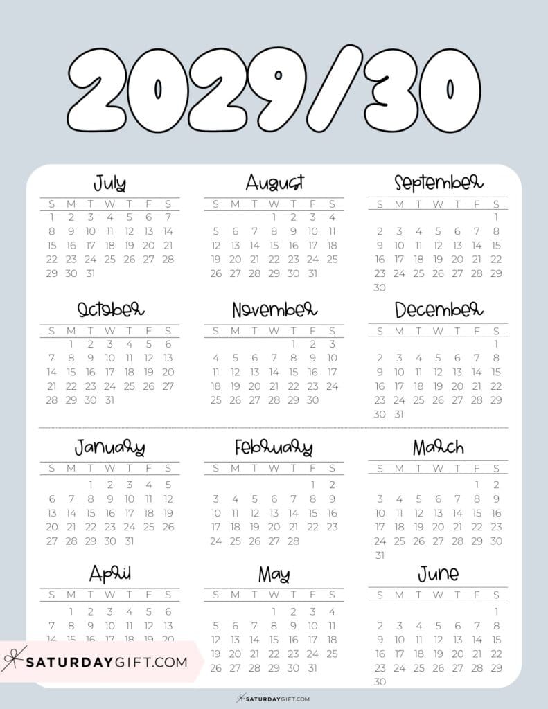 Cute Printable Academic Year Calendar Template 2029-30 Grey | SaturdayGift